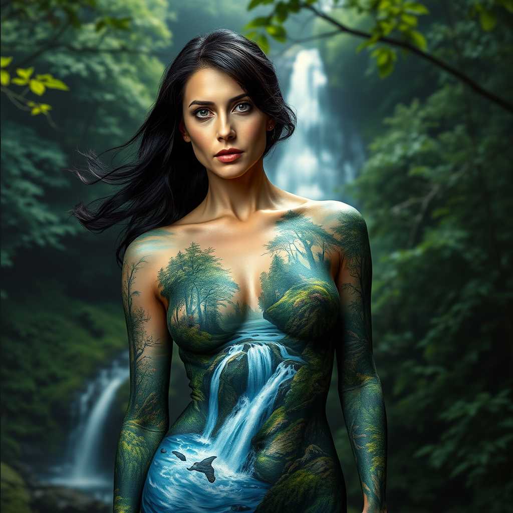 A stunning, mature woman stands in front of a lush forest scene, with a cascading waterfall in the background. Her body is adorned with intricate oil paints that depict the surrounding nature, seamlessly blending her into the verdant landscape. The painting on her body captures the vibrant greens of the forest, the glistening blues of the waterfall, and the rich textures of moss and foliage. Only her expressive eyes and flowing, black hair remain untouched by the paint, standing out vividly against her natural camouflage. The lighting is soft and diffused, as if filtered through a dense canopy of leaves, casting gentle shadows that enhance the depth of the painted scenery. The artistic style is hyper-realistic, with meticulous attention to detail and texture, making the painted elements nearly indistinguishable from the actual environment. The composition centers the woman, with a slightly elevated camera angle, giving a sense of immersion and intimacy in the serene, natural setting. The overall mood is one of tranquility and harmonious union with nature, evoking a timeless, magical atmosphere. Realsim in oil painting technique, intricate body art, natural landscape and serene atmosphere.  In the foreground of the picture, a woman's hand with a paintbrush adds to the painting on her body