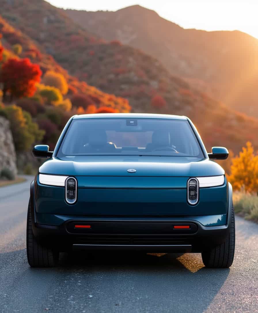 A high-resolution, close-up photograph of a RIVIAN R3X car, parked on a scenic mountain road during a crisp autumn afternoon. The car's sleek and modern design is highlighted, showcasing its aerodynamic body, sharp lines, and futuristic headlights. The deep, metallic blue exterior glistens under the golden sunlight, casting detailed reflections and shadows. The background features a stunning panoramic view of vibrant autumn foliage, ranging from fiery reds and oranges to rich yellows and browns, creating a vivid contrast with the car. In the foreground, the asphalt road is slightly wet, reflecting the surrounding colors and adding texture. The angle is low and slightly to the side, emphasizing the car's front profile and giving it an imposing presence. The light is natural, with soft golden rays enhancing the warm and inviting atmosphere. The overall mood is serene yet dynamic, capturing the essence of freedom and adventure. The image evokes a sense of motion even though the car is stationary, with its clean lines and powerful stance ready to embark on the next journey.