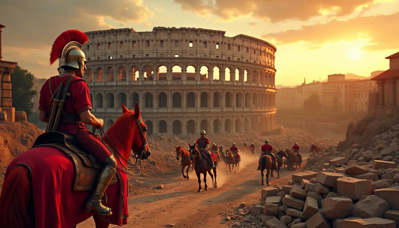 Roman soldier with guns, helmet and uniform on a saddled red horse. Watching the roman colosseum being built. Workers bring down stones with carts and horses. HD realistic texture 50mm lens HDR sunset landscape photography.