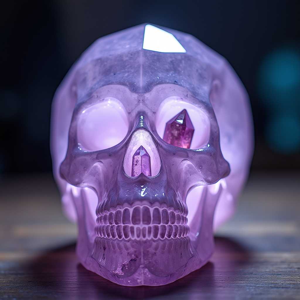 Raw photo, 8k uhd, dslr, soft lighting, high quality, film grain, Fujifilm XT3, close up low angle shot beautiful faceted transparent lavender color crystal skull formation with crystals looking out of the skull, cinematic photo, 18mm f/11 photograph, film, bokeh, professional, 4k, highly detailed, colorful,