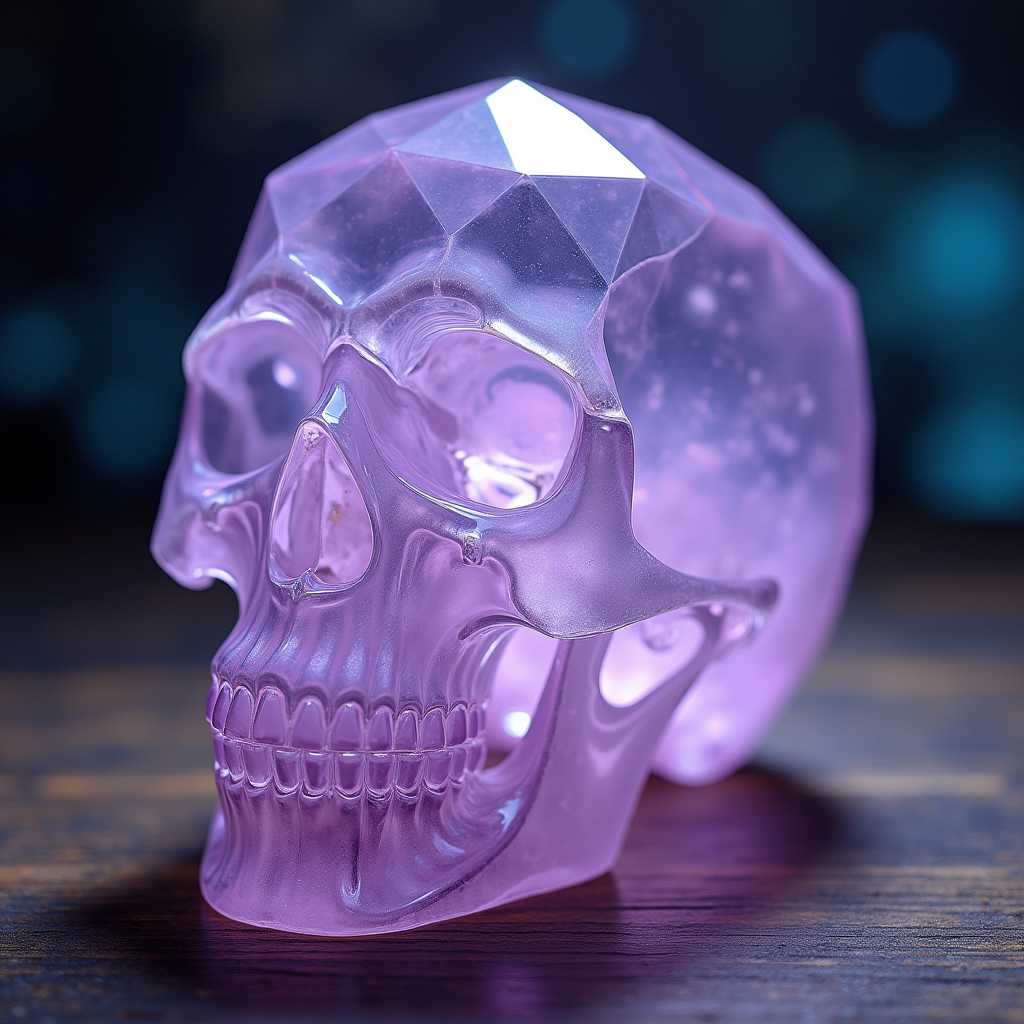 DREAMART, Raw photo, 8k uhd, dslr, soft lighting, high quality, film grain, Fujifilm XT3, close up low angle shot beautiful faceted transparent lavender color crystal skull formation with crystals looking out of the skull, cinematic photo, 18mm f/11 photograph, film, bokeh, professional, 4k, highly detailed, colorful,