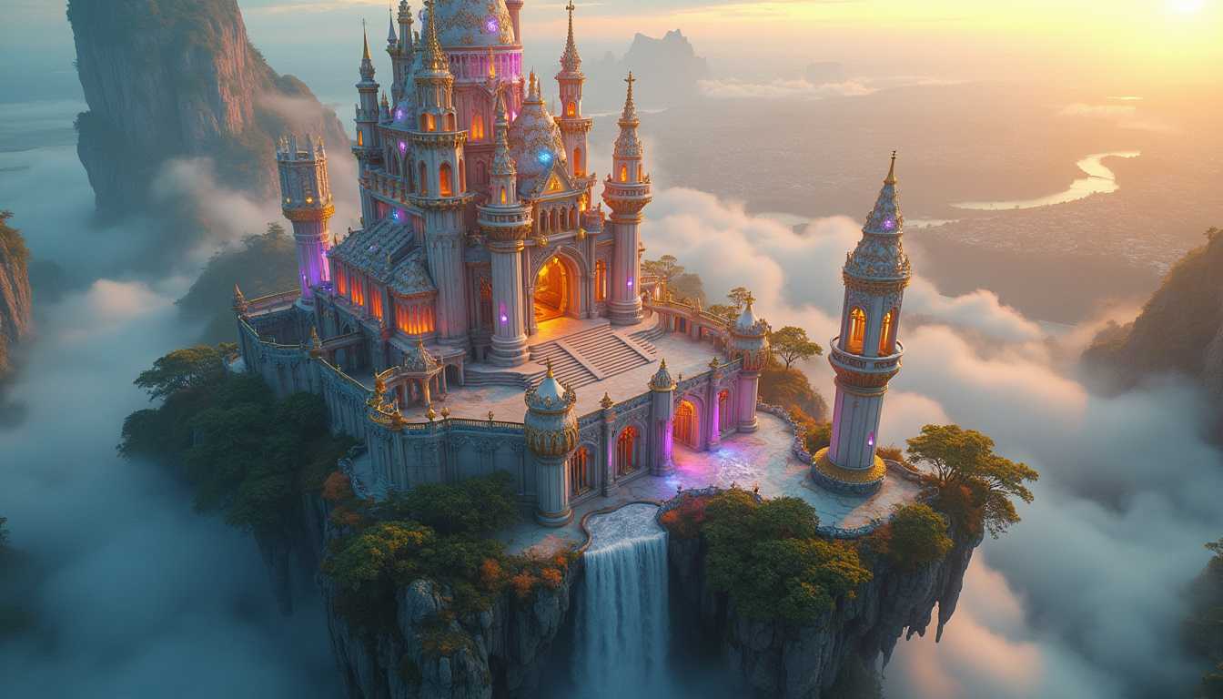 Aerial view of a grand fantasy castle constructed from colourful crystals and golden filigree. perched majestically on a floating island. The castle features towering spires, intricate carvings, and shimmering surfaces that catch the light. Surrounding the castle is a mystical scenery, with tendrils of fog and ethereal lights giving it a magical aura. Below the floating island stretches an expansive and breathtaking landscape, teeming with lush forests, winding rivers, and serene valleys, all bathed in the golden light of a setting sun. Soft, billowing clouds surround the island and castle, adding to the dream-like atmosphere. The overall mood is otherworldly and enchanted, capturing a sense of awe and wonder. Hyper-detailed textures and vibrant colors bring the scene to life, with emphasis on the contrast between the white marble, black obsidian, and the rich hues of the landscape below. Ultra high-definition, aerial perspective shot with a cinematic quality.