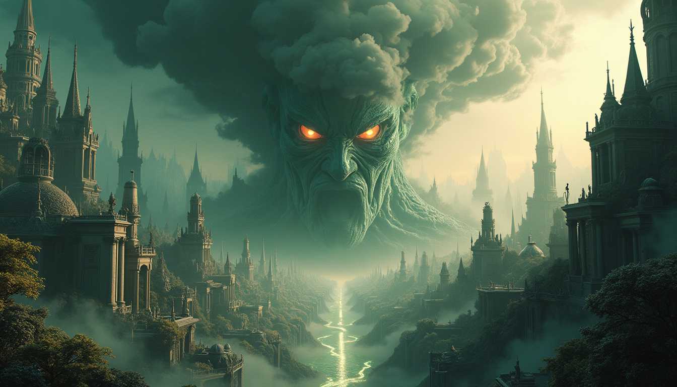 An ominous smokey godhead looming over the center of a vast fantasy city of light, surrounded by intricate and ultra-detailed architecture. The city is bathed in a mystical glow, with surreal, ethereal lighting creating dramatic contrasts between light and shadow. The godhead, shrouded in swirling, dark smoke with glowing eyes, dominates the skyline, casting an eerie and foreboding presence over the city. The landscape is filled with elaborate and fantastical elements, including towering spires, flowing energy streams, and lush, otherworldly gardens. Rendered in a hypermaximalist style, every detail is meticulously illustrated, showcasing intricate textures and ornate designs. The camera angle captures a wide, panoramic view, emphasizing the grand scale of the scene. The ambiance is intense and mysterious, with a high-definition, octane render that brings out the depth and vividness of colors, making the fantastical city come alive with a sense of both wonder and dread. The composition perfectly balances the overwhelming presence of the godhead with the breathtaking beauty of the illuminated cityscape below.