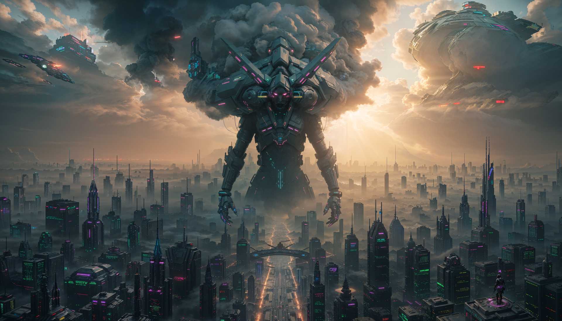 AI-generated image: cyberpunk, futuristic, neon lights, dystopian, an ominous smokey godhead looming over the centre of
