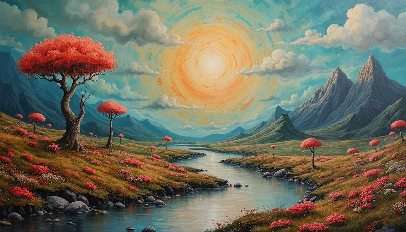 A surreal landscape with layered art mediums that add to its unsettling surrealism


