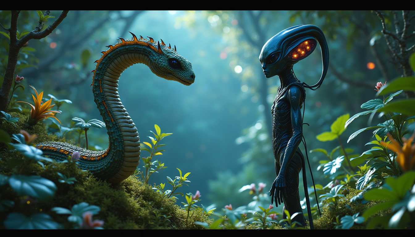 Enigmatic Forest Encounters Alien and Serpent in a Mesmerizing Mythical tableau