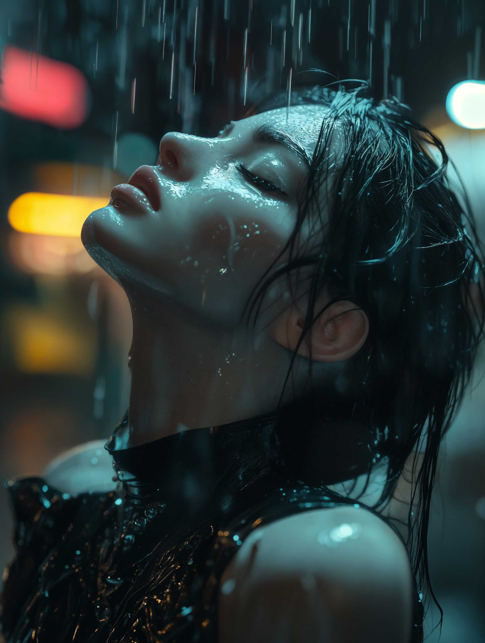AI-generated image: P1P3RP, In a noir-inspired scene, a captivating woman with a striking contrast of black and brown ha
