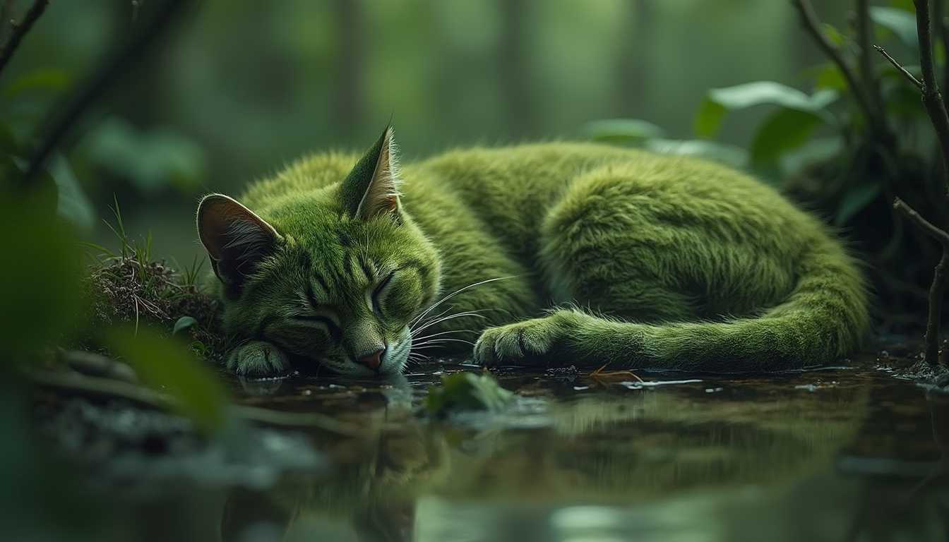 (green camouflage furry cat), (jungle swamp), (sleeping)