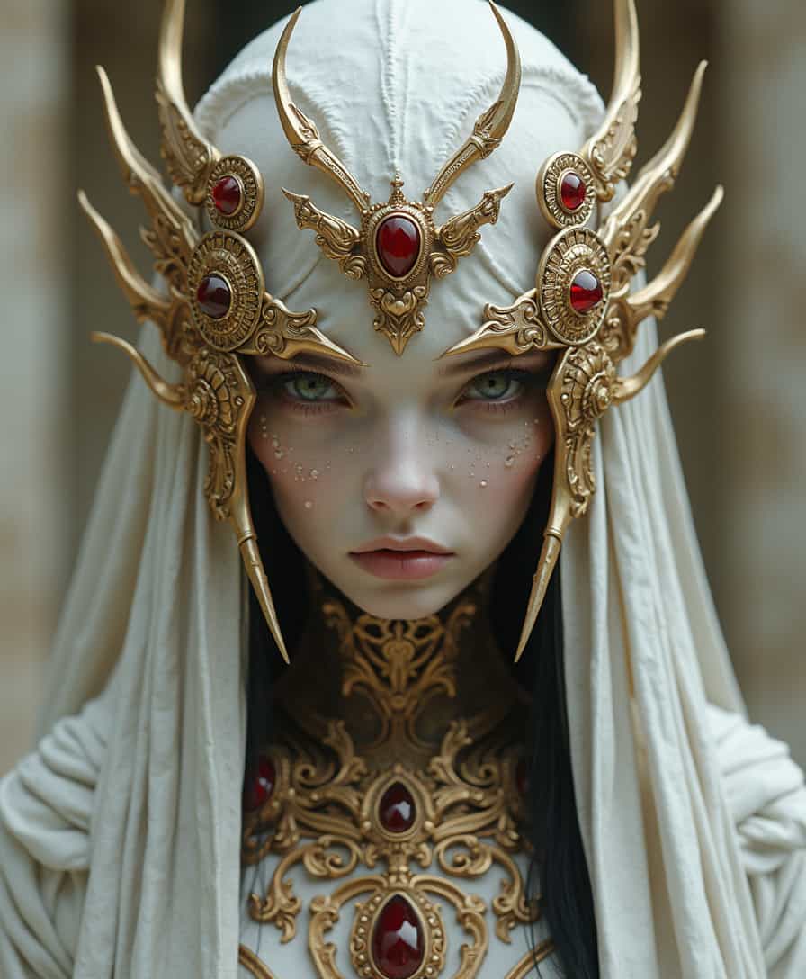 The image is, Upper body portrait, in the style of dark white and light bronze, gold filigree, fierce alien priest on an alien planet, adorned with garnet and bloodstone gemstones, standing in ancient white marble temple, by Brian Froud and Heather Theurer, extremely detailed head and face, very realistic and symmetrical eyes, (eye contact with viewer), hyper detailed, hyper quality, artstation award winner, Epic realism, meticulous masterpiece The most compelling work of art ever produced, every intricate detail holding a narrative or philosophical concept that entrances. The entire composition is lauded by the modern masters as truly mesmerizing, the artwork itself considered by some too sacred to even show the common world. The work is dynamic and complicated, with multiple forms of media layered in complex and innovative ways, at times mind-bending in the creative solutions the artist found to produce what is lauded as the only truly creative work ever produced by mankind, 1345x1345, 1345 x 1345, The image is, real, epic, stunning, intricate detail, highly detailed, light, saturated colors, elegant, romantic, cinematic, complex, coherent, beautiful, symmetry, fine, enhanced, clear, color, nice, great composition, professional, artistic, fancy, awesome, atmosphere, wonderful, lovely, decorative