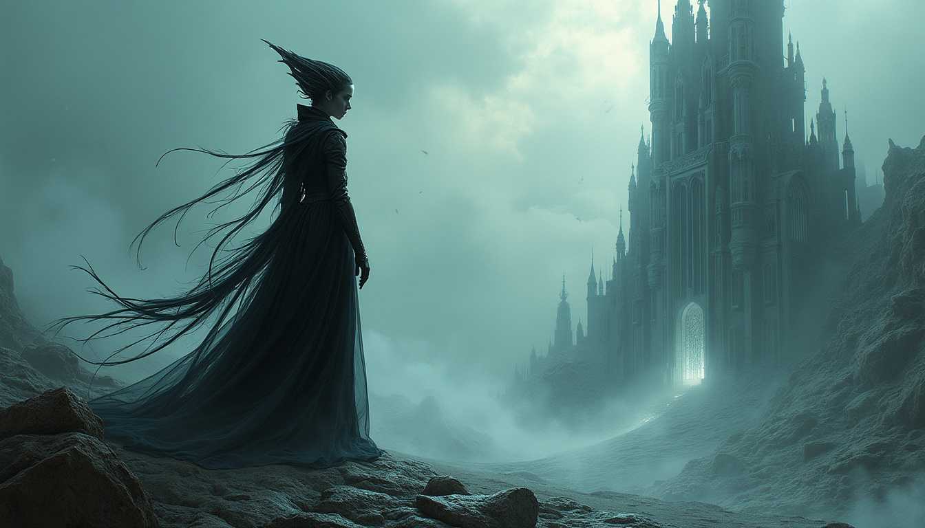 A forlorn Queen of Lost Souls, traversing her desolate alien dominion, amidst bizarre and haunting terrain, gothic architecture emerging from the bleak landscape, digital painting influenced by the imaginative art of H.R. Giger, dramatic contrasts of light and shadow creating a sense of unease, a color scheme of deep blues, grays, and ghostly whites, focusing on the poignant emotion and the mysterious environment, capturing the essence of her somber rule.