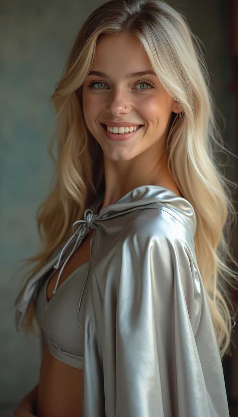 (RAW photo) , ((full body)) 1girl, cute, 20 years old, long blonde hair , smiling, look at viewer, ((((silver satin cape tied at the neck)))+++, leotard, photo, realistic, best quality, hires, detailed face, detailed background, diffused lighting, depth of field, bokeh, (award winning cinematic shot:1.21)