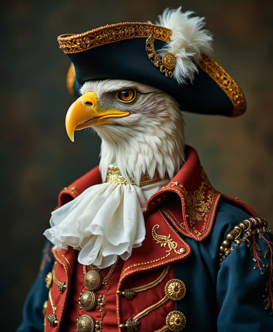 anthropomorphism. Create a portrait of a eagle dressed in 18th-century men's attire. The eagle wears an elaborate, ornate waistcoat, a ruffled cravat, and a classic tricorn hat, all rendered in rich fabrics and intricate patterns. , photography, Natural geographic photo, Hyper-realistic, 16k resolution, (masterpiece, award winning artwork), many details, extreme detailed, full of details, Wide range of colors, high Dynamic, novuschroma37 style, style of holga photography, light leaks, double exposure, 