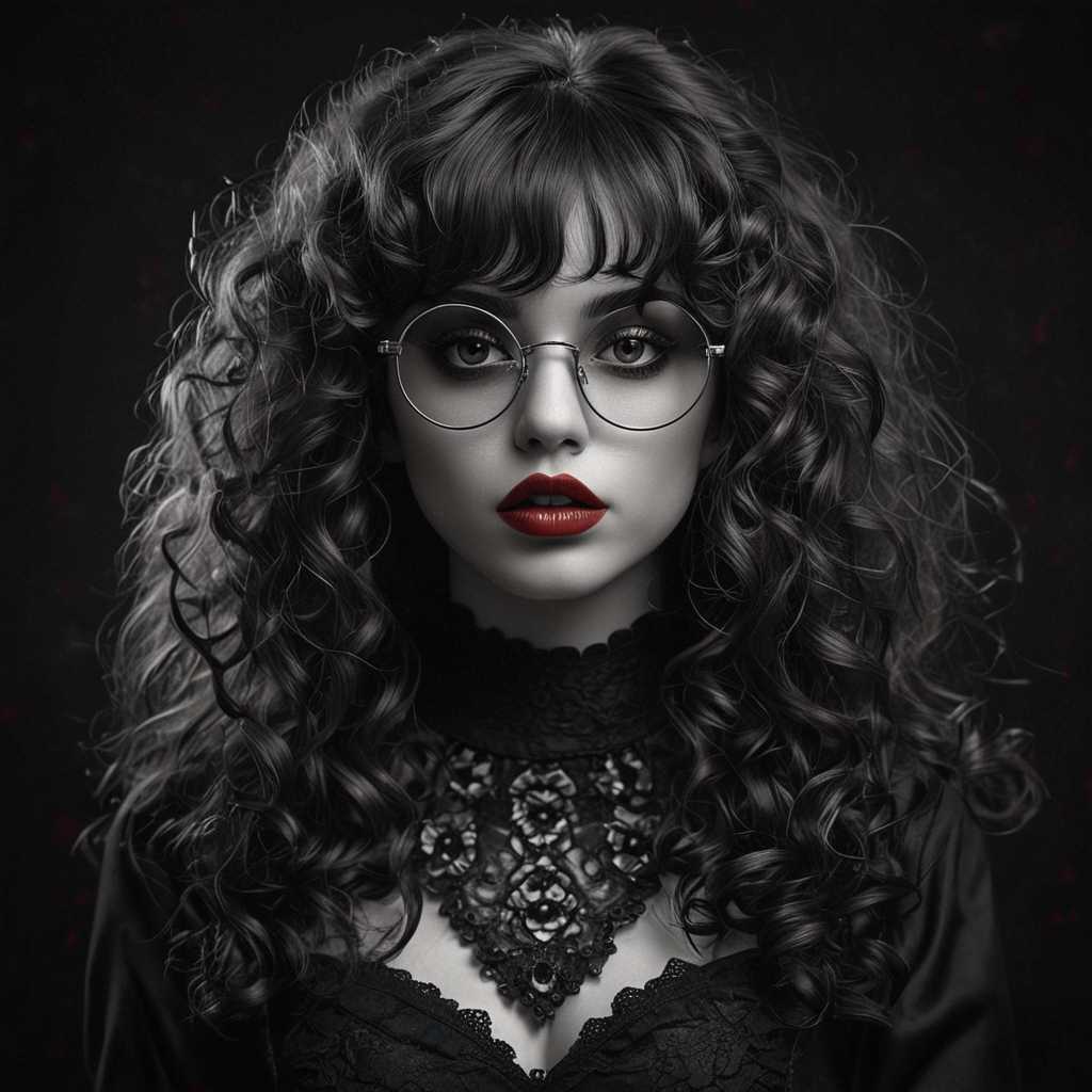 Detailed portrait of a woman with long, voluminous curly brown hair and curly bangs, small eyes with striking black makeup, fair skin, gothic appearance, wearing a long black dress and high heels, burgundy lips. Black-and-white image with only the lips in red, conveying a sense of mourning. Woman is also wearing large round glasses, --art style: realistic portrait, --lighting
