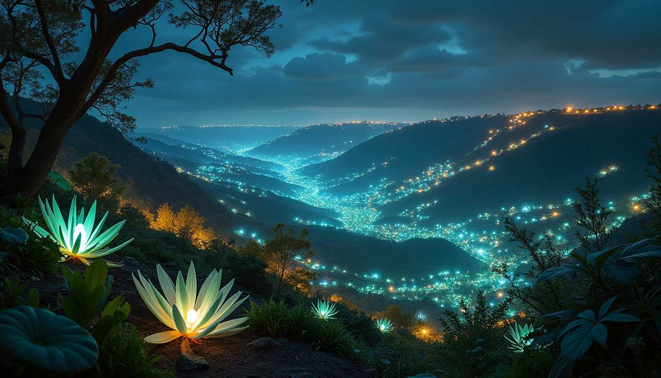 Using a Canon EOS R5 mirrorless camera paired with a RF 15-35mm f/2.8L IS USM lens, this mesmerizing photograph transports the viewer to an enchanting alien valley, illuminated by the soft glow of bioluminescent plants. The camera settings are optimized to capture the scene's ethereal beauty: an aperture of f/8, ISO 1600, and a shutter speed of 30 sec, allowing the luminescent colors to radiate and saturate the image. The composition showcases a breathtaking landscape with exotic flora, their otherworldly shapes and colors casting a magical ambience across the valley. The wide-angle perspective embraces the vastness of the scene, revealing a harmonious balance between the natural terrain and the glowing plant life. This captivating photograph captures the essence of the alien world, inviting the viewer to explore the mysteries and wonders of the unknown.


