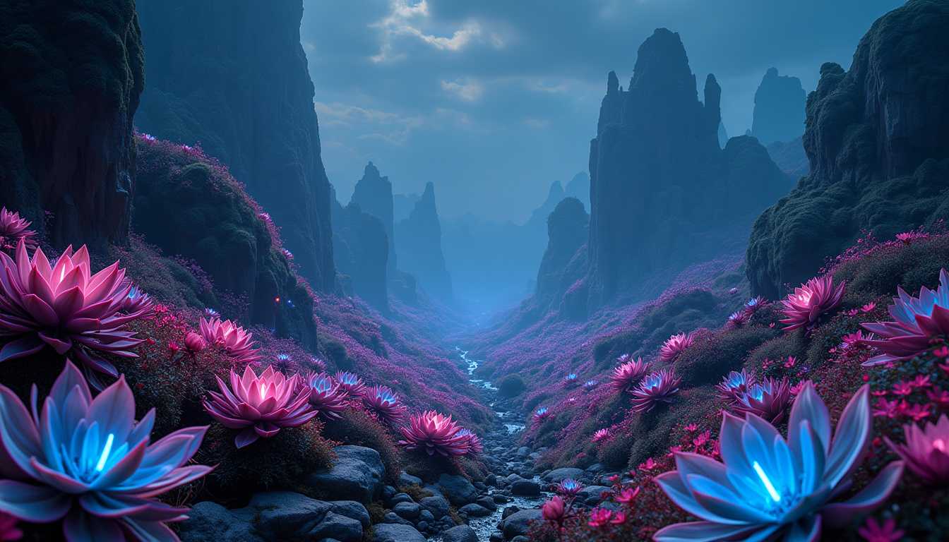 Using a Canon EOS R5 mirrorless camera paired with a RF 15-35mm f/2.8L IS USM lens, this mesmerizing photograph transports the viewer to an enchanting alien valley, illuminated by the soft glow of bioluminescent plants. The camera settings are optimized to capture the scene's ethereal beauty: an aperture of f/8, ISO 1600, and a shutter speed of 30 sec, allowing the luminescent colors to radiate and saturate the image. The composition showcases a breathtaking landscape with exotic flora, their otherworldly shapes and colors casting a magical ambience across the valley. The wide-angle perspective embraces the vastness of the scene, revealing a harmonious balance between the natural terrain and the glowing plant life. This captivating photograph captures the essence of the alien world, inviting the viewer to explore the mysteries and wonders of the unknown.


