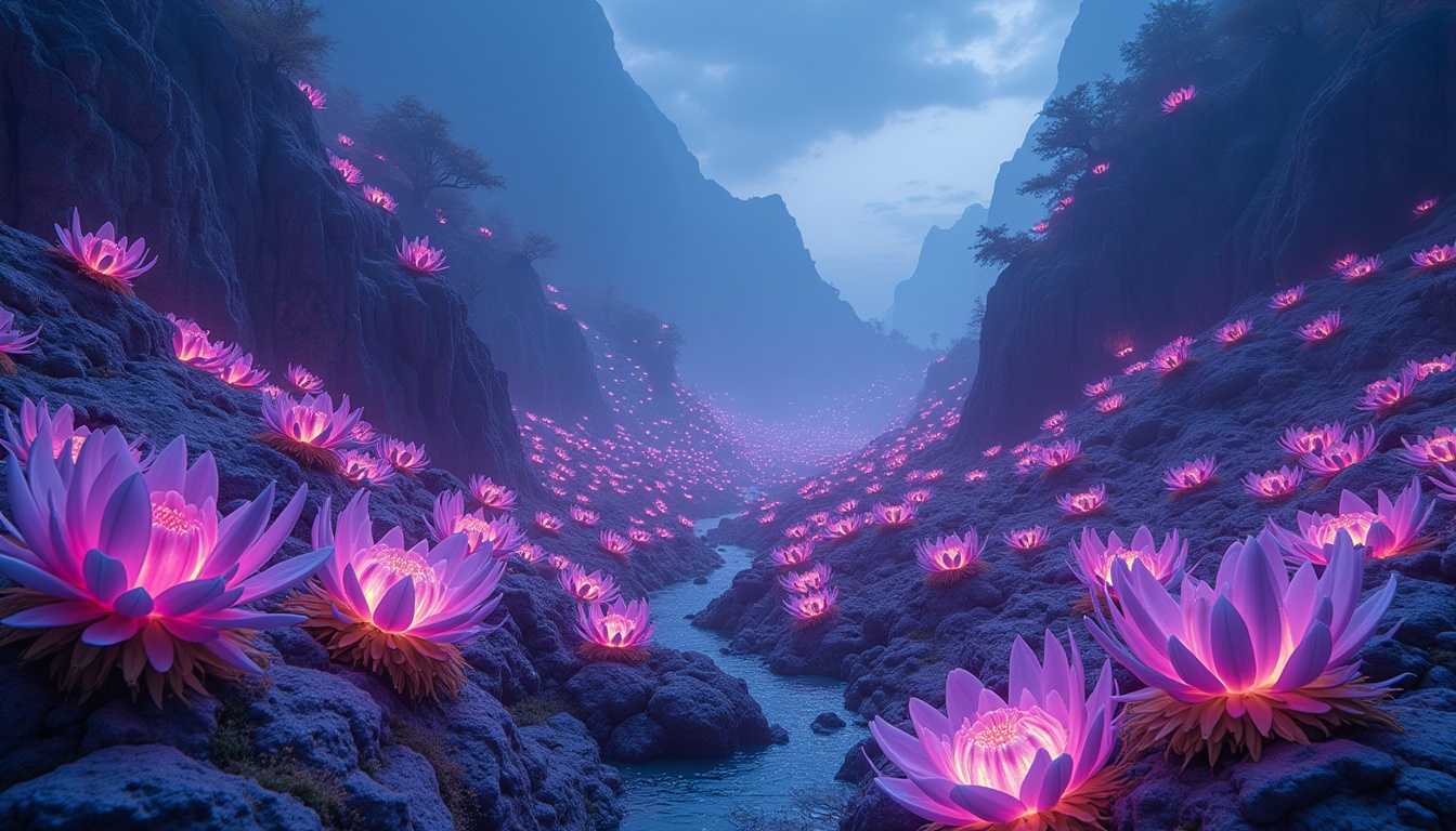 Using a Canon EOS R5 mirrorless camera paired with a RF 15-35mm f/2.8L IS USM lens, this mesmerizing photograph transports the viewer to an enchanting alien valley, illuminated by the soft glow of bioluminescent plants. The camera settings are optimized to capture the scene's ethereal beauty: an aperture of f/8, ISO 1600, and a shutter speed of 30 sec, allowing the luminescent colors to radiate and saturate the image. The composition showcases a breathtaking landscape with exotic flora, their otherworldly shapes and colors casting a magical ambience across the valley. The wide-angle perspective embraces the vastness of the scene, revealing a harmonious balance between the natural terrain and the glowing plant life. This captivating photograph captures the essence of the alien world, inviting the viewer to explore the mysteries and wonders of the unknown.


