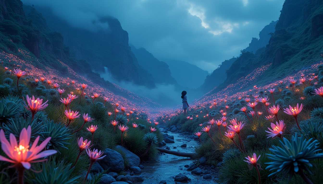 Using a Canon EOS R5 mirrorless camera paired with a RF 15-35mm f/2.8L IS USM lens, this mesmerizing photograph transports the viewer to an enchanting alien valley, illuminated by the soft glow of bioluminescent plants. The camera settings are optimized to capture the scene's ethereal beauty: an aperture of f/8, ISO 1600, and a shutter speed of 30 sec, allowing the luminescent colors to radiate and saturate the image. The composition showcases a breathtaking landscape with exotic flora, their otherworldly shapes and colors casting a magical ambience across the valley. The wide-angle perspective embraces the vastness of the scene, revealing a harmonious balance between the natural terrain and the glowing plant life. This captivating photograph captures the essence of the alien world, inviting the viewer to explore the mysteries and wonders of the unknown.


