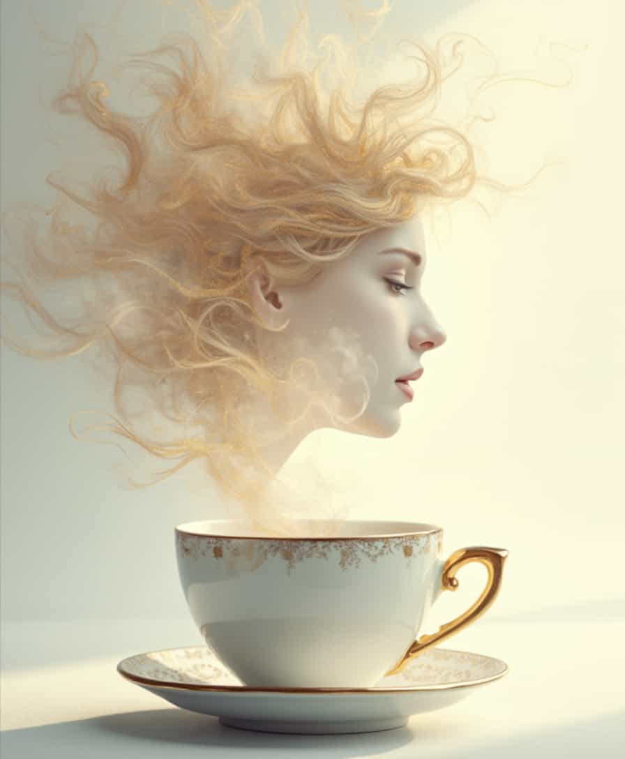Beauty, realism, chiaroscuro, rays of light, play of shadow and light, cinematic style, Super HD, Pastel, chalk, crayon drawing, surreal and elegant image of a white coffee cup with gold accents, steam rising from it, forming a detailed and graceful silhouette of a woman's face. The woman's flowing hair smoothly transitions into the steam, with gold tones highlighting the strands. The background is a soft, light color that enhances the contrast and elegance of the cup and steam. The overall atmosphere is sophisticated, dreamy and artistic.