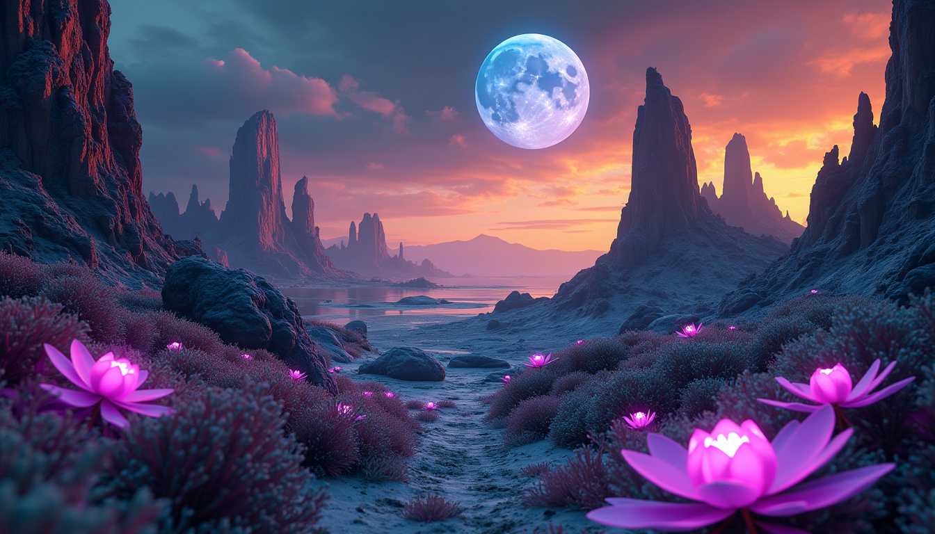scenic alien landscape with bioluminescent alien fauna, two large alien moons, purple blue green orange, render, medium contrast, hdr