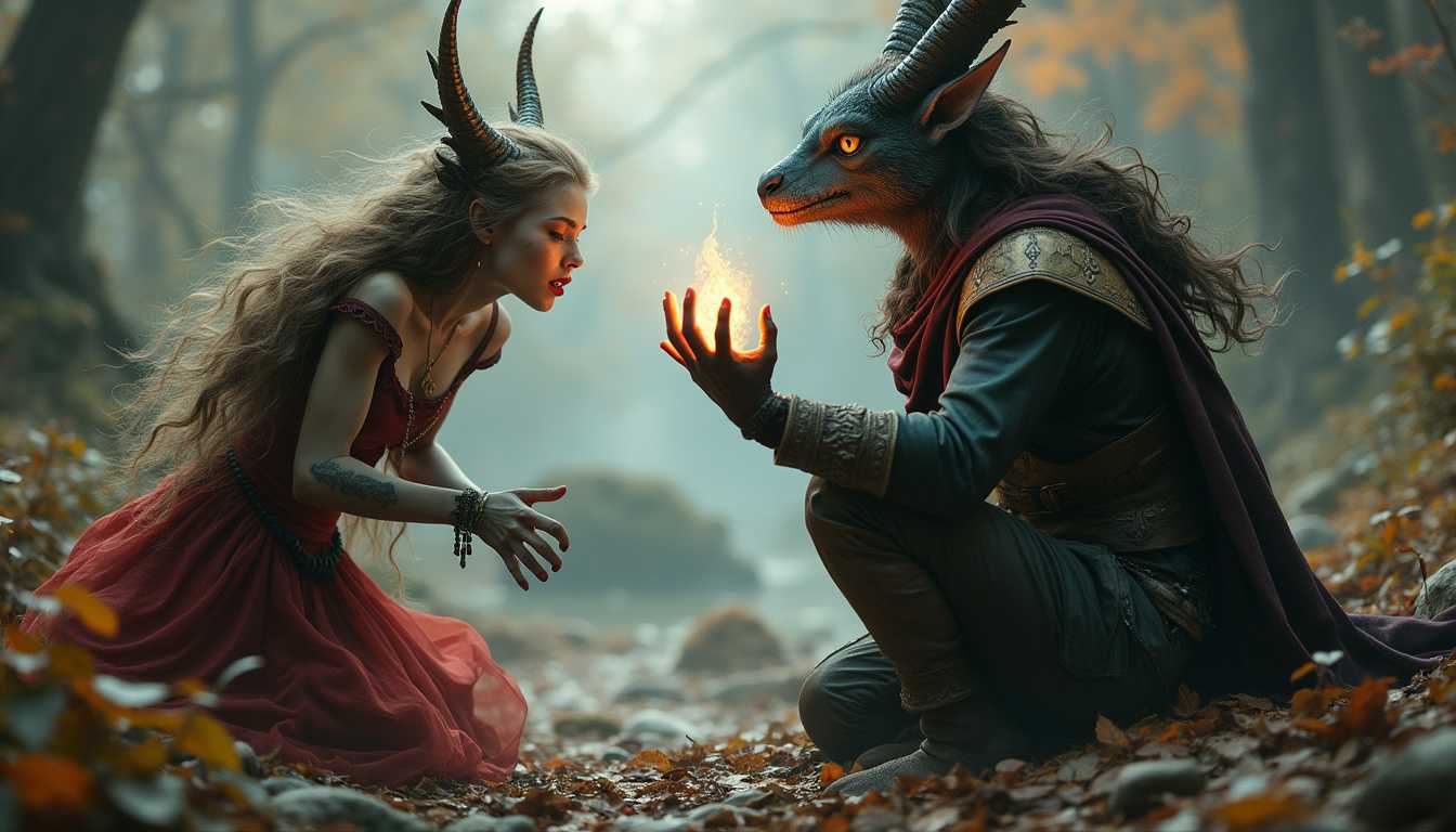 8k photograph by Vanessa WInship of a beautiful, mischievous female creature teasing a powerful young adult male mage in a fantastical landscape. The two characters have a playful dynamic, adding to the magical atmosphere of the scene