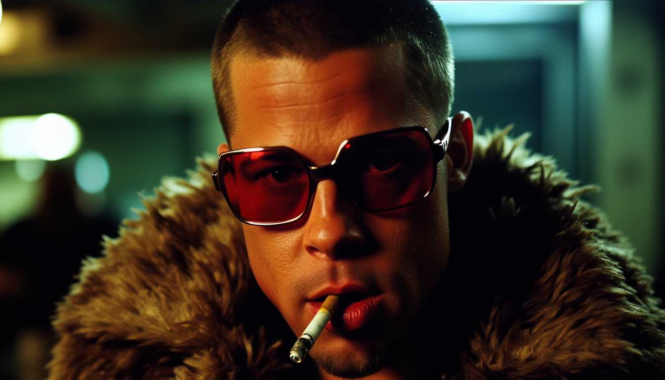 a photo of DRD, , Portrait of Tyler Durden with a shaved head, wearing conspicuous ruby sunglasses that catch the light, and holding a smoldering cigarette between his lips. His attire is bold, with a luxurious, shaggy, furry jacket that adds texture and depth to the image. The background is a grungy urban setting with dim ambient lighting, casting dramatic shadows and highlights. The close-up shot focuses on his intense expression, emphasizing the rugged texture of his skin and the subtle smoke curling in the air. The overall mood is rebellious and edgy, reminiscent of 1990s counter-culture, with a high-contrast and slightly desaturated color palette to enhance the gritty atmosphere.
