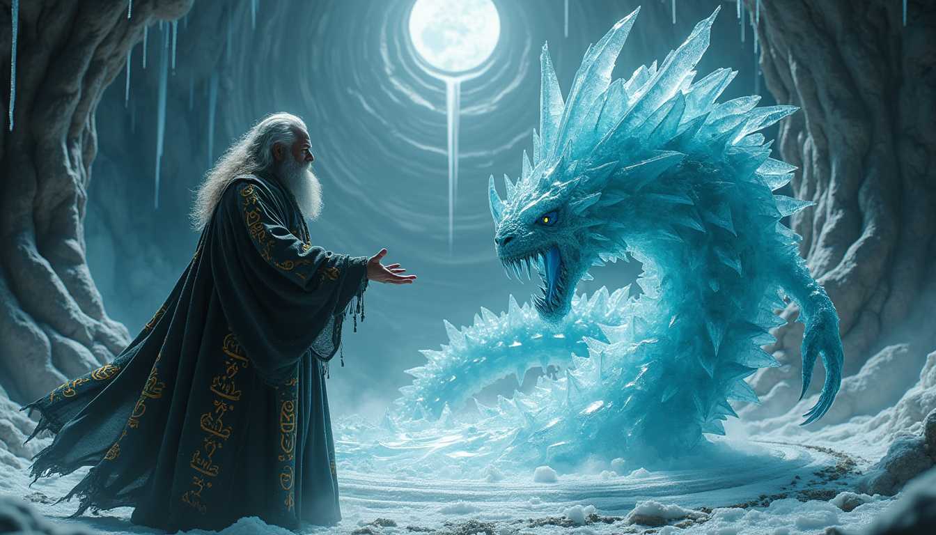 A wise, grizzled, bearded warlock standing amidst an ancient, arcane ritual circle, summoning a voracious, crystalline human-like ice demon. The warlock's robes are embroidered with glowing runes and his eyes emanate a powerful aura of mystic knowledge. The scene is set in a vast, cavernous space with glistening ice formations illuminated by shafts of moonlight filtering through cracks in the ceiling. 

The crystalline demon emerges from a swirling vortex, its jagged body reflecting and refracting light in dazzling patterns. The warlock and the demon are positioned central to the frame, with the warlock's outstretched hands and the demon's imposing form creating a dynamic interaction. 

Cinematic, majestic atmosphere with intricate details throughout, captured with octane render and cinematic lighting. HDR quality, 8k ultra-detailed resolution, and sharp focus to highlight the texture of the ice, the flow of the warlock's beard, and the intricate patterns of the summoning circle. The overall mood is intense and otherworldly, with a sense of ancient power and supernatural elements at play.
