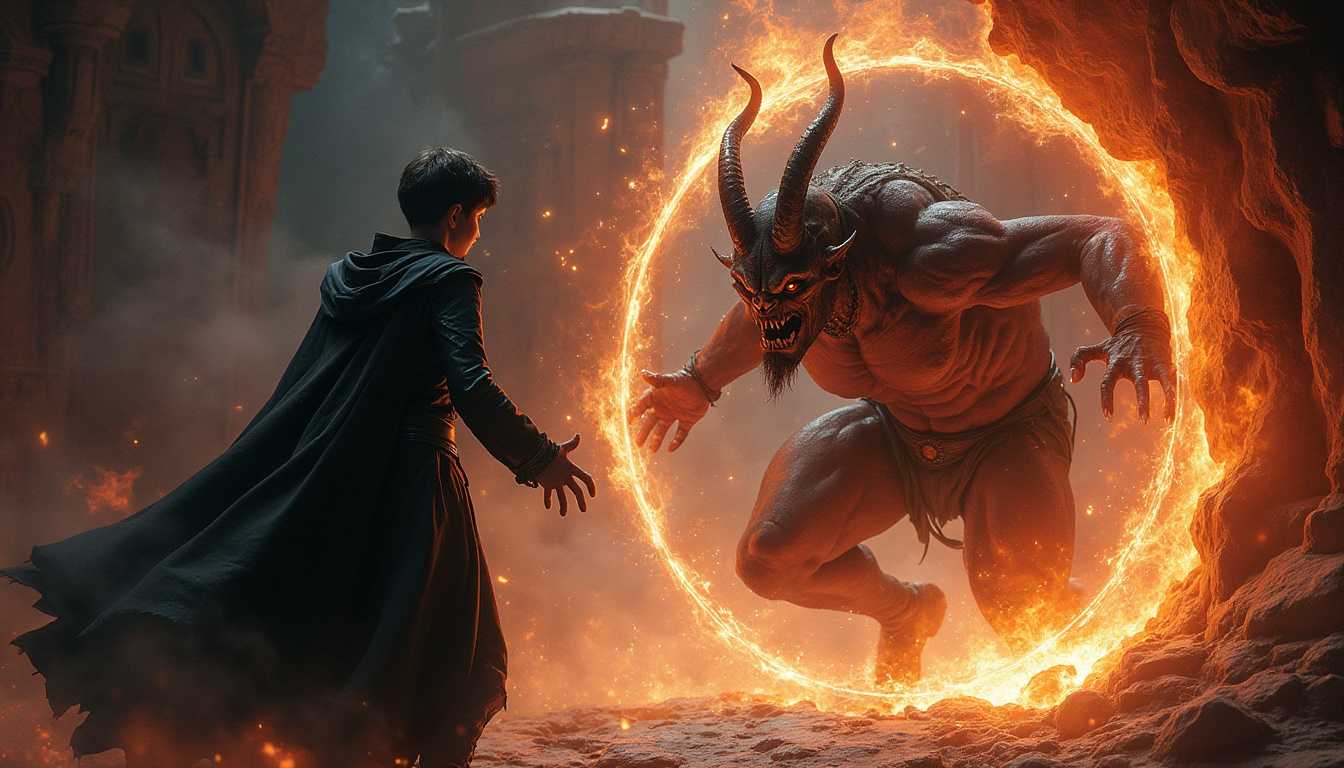 a young warlock creating a magical dimensional portal with a demon on the other side, fantasy, sinister, ultra detailed, atmospheric lighting