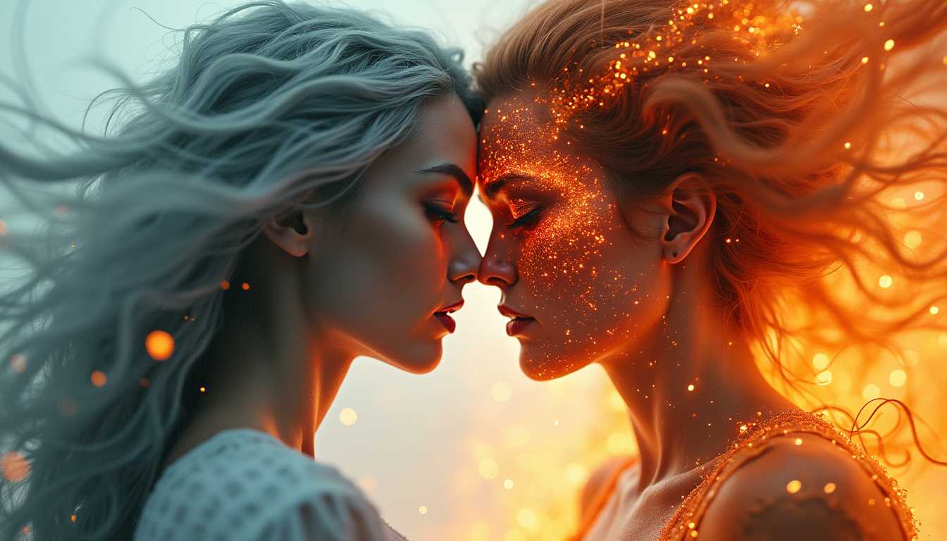 Double exposure of a beautiful goddess and a fiery demon