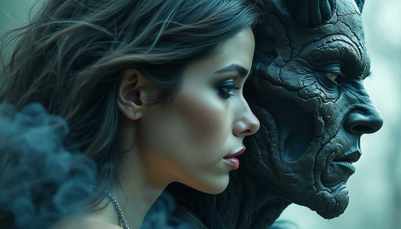 Double exposure of a dark sorceress and a demon, ultra detailed, intricate, sharp focus