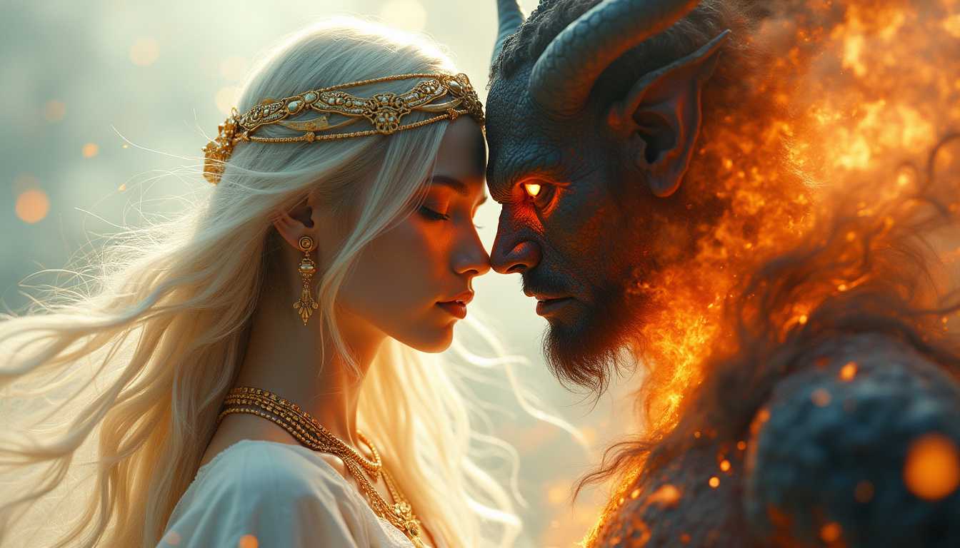 A mesmerizing double exposure image featuring a beautiful goddess and a fiery demon. The goddess, with ethereal features, long flowing hair, and a serene expression, is adorned in intricate golden jewelry and a flowing white gown that glows softly. Her eyes exude wisdom and compassion, and she emanates an aura of divine light. In contrast, the fiery demon, with sharp, menacing features, is engulfed in flames with glowing red eyes and dark, smoky skin. His form is surrounded by swirling fire and shadows. The goddess is positioned slightly to the left, with the demon on the right, their figures overlapping. The background blends heavenly light and phantasmagoric inferno, creating a stark contrast between purity and chaos. The overall composition captures a sense of mystical duality, with balanced elements of light and dark. The artistically blurred and merged textures create a hauntingly beautiful interplay of divine and demonic elements. The soft lighting emphasizes the goddess's gentle illumination, while the harsh, flickering light accentuates the demon's fiery aura.