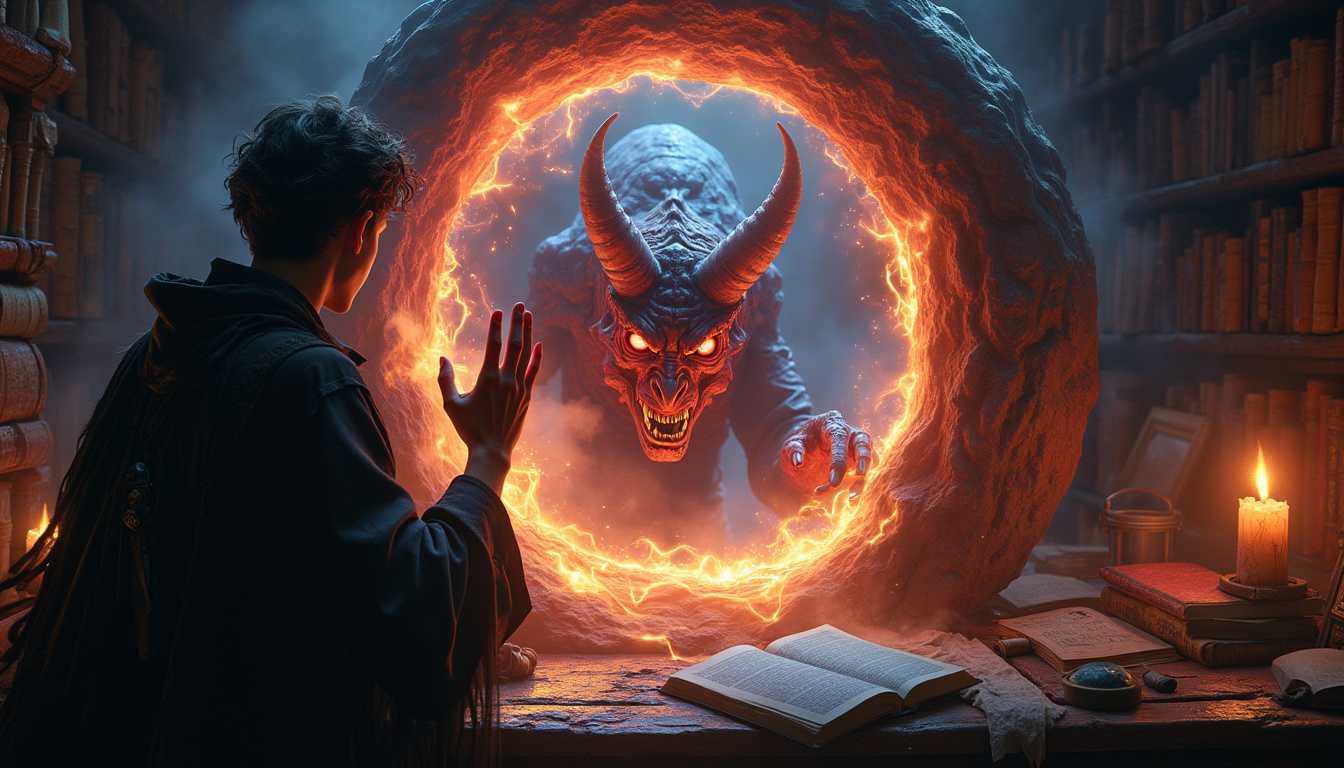 A young warlock in a dark, arcane chamber, surrounded by ancient tomes and mystical artifacts, is conjuring a swirling, magical dimensional portal. The portal emits an eerie, incandescent glow that illuminates the chamber with pulsating, atmospheric lighting. Through the portal, a sinister demon with menacing red eyes and intricate, otherworldly features peers back. The warlock's expression is one of intense concentration, his hands raised and glowing with magical energy. The scene is ultra-detailed, capturing every texture from the warlock's tattered robes to the demonic scales and claws. The room is shrouded in shadow, with faint blue and purple hues adding to the ominous mood. The overall composition is dynamic, with the portal centered, casting the warlock and the demon in dramatic chiaroscuro. Rendered in a dark fantasy style with meticulous detail and atmospheric depth, evoking a sense of dread and otherworldly power.