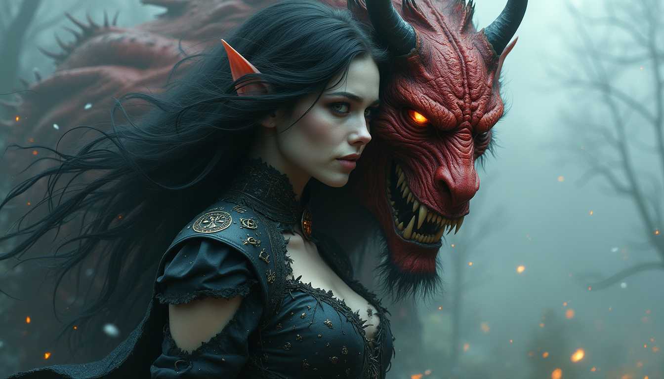Double exposure portrait featuring a dark sorceress and a menacing demon, ultra-detailed and intricately rendered. The sorceress, with flowing raven-black hair and piercing, ethereal eyes, dominates the foreground. Her skin is pale with a subtle luminescence, contrasting with her dark, tattered robes adorned with mystical runes that glow faintly. In the overlay, a towering demon with fiery red skin, jagged horns, and glowing eyes merges seamlessly with her form, exuding an aura of raw power and malevolence.

The background is a shadowy, mist-filled landscape, with ghostly wisps and flickering lights illuminating the scene. The lighting is dramatic and chiaroscuro, emphasizing the high contrast between light and shadow, giving an almost three-dimensional depth to the figures. The image captures the sorceress and the demon in sharp focus, each detail meticulously crafted from the intricate textures of the demon's scales to the delicate patterns on the sorceress's robes.

Mood and atmosphere are dark and foreboding, conveying an intense, supernatural tension. The double exposure technique blends the two figures hauntingly, suggesting a symbiotic or fighting relationship. The overall composition is balanced, with the sorceress and demon centrally framed, their forms inter