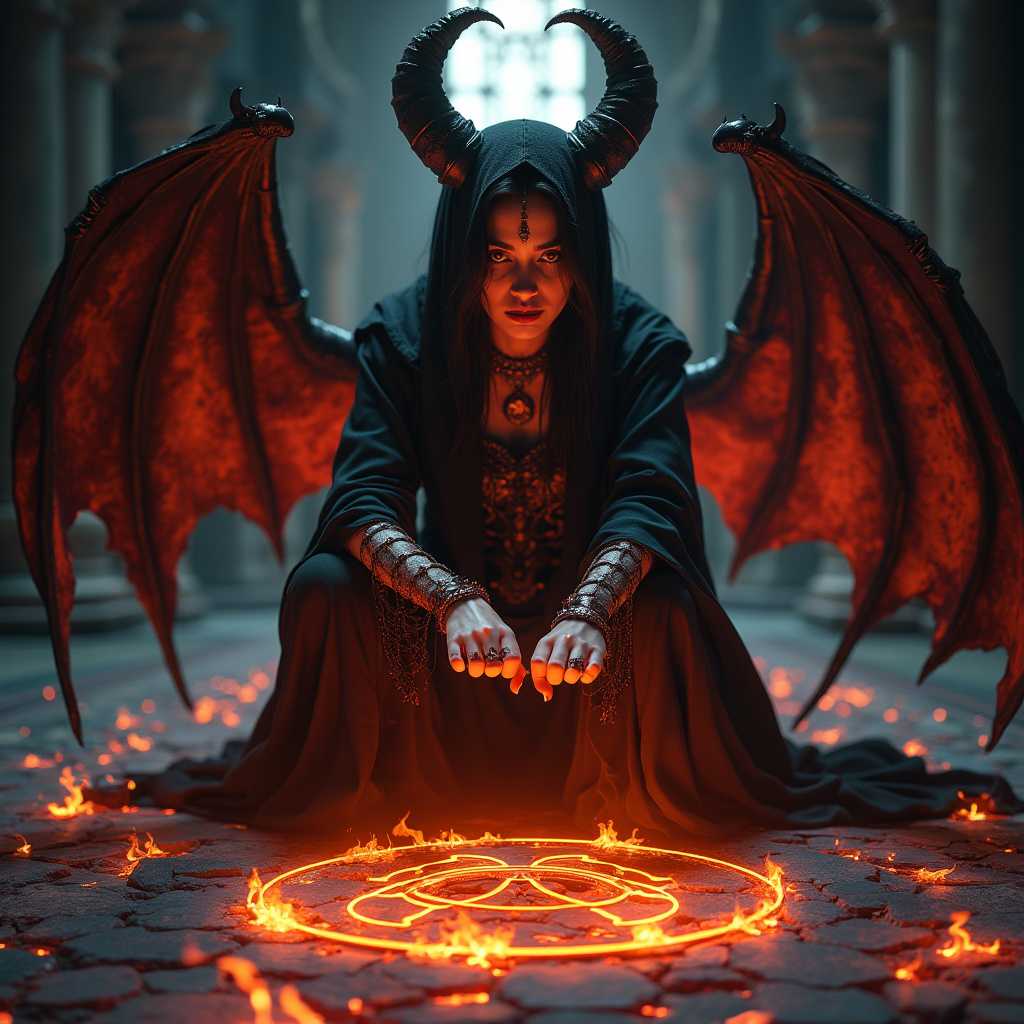 a dark sorceress ritualistically summoning a demon in a dark cathedral, beautiful face, magical energy, arcanist, gothic, demonic, large hellish fiery demon emerging from fiery runes on the floor, fine detail, expression of concentration, pretty detailed face, alluring eyes, occult, demonic, highly detailed, 8k, octane render, volumetric lighting


