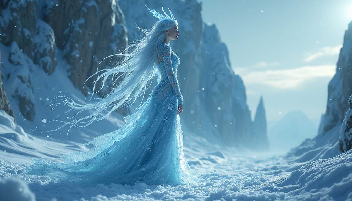 Full-body portrait of a stunning female ice demon, ethereal and captivating with a feminine figure, standing in a breathtaking frozen valley. The ice demon has icy blue skin that glows faintly under the soft, cold light of a twilight sky. Her long, flowing hair is a cascade of crystalline ice, shimmering as it catches the light. She wears an elegant, form-fitting gown made of transparent ice shards and frosted silk, decorated with intricate snowflake patterns.

In the background, towering ice cliffs and glaciers reflect a pale moonlight, casting a serene yet eerie glow. Snowflakes dance in the air, caught in a gentle, swirling wind. The ground is a blanket of untouched snow, glistening under the sky's fading light. 

The atmosphere is mystical and otherworldly, with the cold stillness of the valley enhancing the ice demon's beauty and power. The scene is captured from a low angle to emphasize her dominance and elegance, with a slight vignette to draw focus to her figure. The lighting is soft and diffused, with a cold, bluish tint, enhancing the frozen ambiance.

(Artistic style: fantasy realism, emphasizing detailed textures and ethereal, icy elements. The mood is serene, majestic, and otherworldly, with an