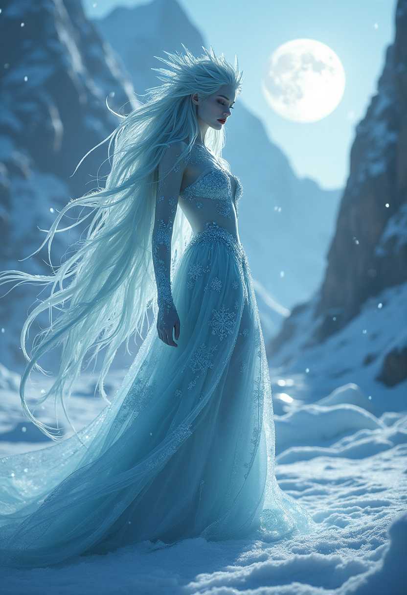 Full-body portrait of a stunning female ice demon, ethereal and captivating with a feminine figure, standing in a breathtaking frozen valley. The ice demon has icy blue skin that glows faintly under the soft, cold light of a twilight sky. Her long, flowing hair is a cascade of crystalline ice, shimmering as it catches the light. She wears an elegant, form-fitting gown made of transparent ice shards and frosted silk, decorated with intricate snowflake patterns.

In the background, towering ice cliffs and glaciers reflect a pale moonlight, casting a serene yet eerie glow. Snowflakes dance in the air, caught in a gentle, swirling wind. The ground is a blanket of untouched snow, glistening under the sky's fading light. 

The atmosphere is mystical and otherworldly, with the cold stillness of the valley enhancing the ice demon's beauty and power. The scene is captured from a low angle to emphasize her dominance and elegance, with a slight vignette to draw focus to her figure. The lighting is soft and diffused, with a cold, bluish tint, enhancing the frozen ambiance.

(Artistic style: fantasy realism, emphasizing detailed textures and ethereal, icy elements. The mood is serene, majestic, and otherworldly, with an