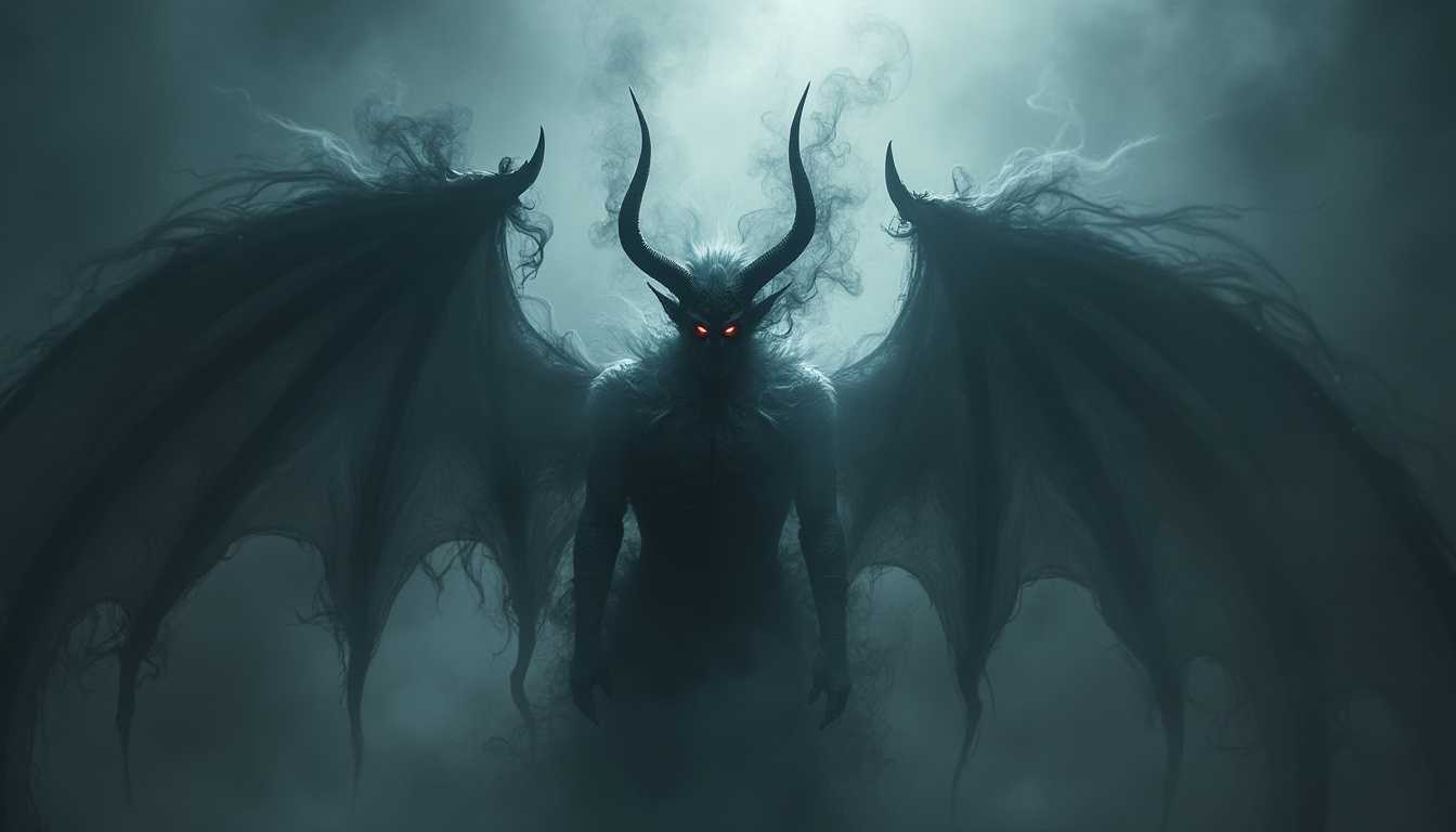 A shadowy ephemeral demon made of dark smoke, emerging from the shadows, ethereal and sinister in appearance. The background is a shadowy abyss, filled with swirling darkness illuminated by beams of cold, volumetric light cutting through the gloom. The scene is ultra-detailed, with the dark smoke taking on intricate, shifting forms that suggest a malevolent presence. The demon is demonic and occult, with glowing red eyes piercing through the smoke. The lighting is atmospheric, casting eerie shadows that enhance the ominous mood. Photorealistic texture brings each tendril of smoke and each glint of light to life, creating a haunting, otherworldly sight.