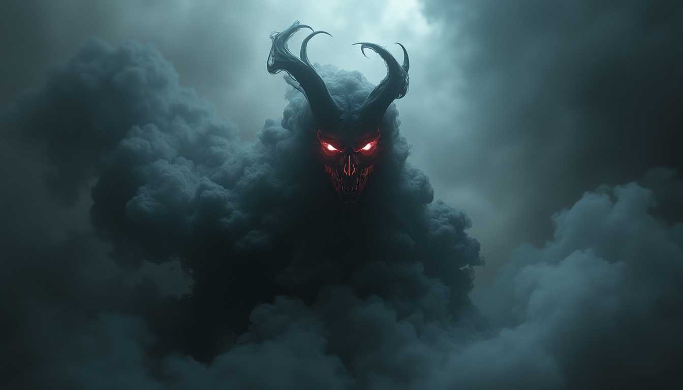 A shadowy ephemeral demon made of dark smoke, emerging from the shadows, ethereal and sinister in appearance. The background is a shadowy abyss, filled with swirling darkness illuminated by beams of cold, volumetric light cutting through the gloom. The scene is ultra-detailed, with the dark smoke taking on intricate, shifting forms that suggest a malevolent presence. The demon is demonic and occult, with glowing red eyes piercing through the smoke. The lighting is atmospheric, casting eerie shadows that enhance the ominous mood. Photorealistic texture brings each tendril of smoke and each glint of light to life, creating a haunting, otherworldly sight.