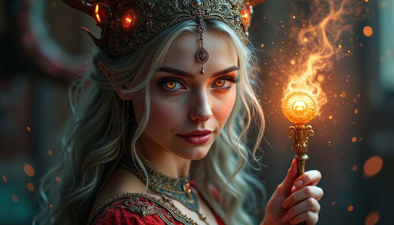 medium shot character concept, beautiful powerful sorceress with a demon eye on forehead, amused smirk, "multicoloured iridescent eyes", holding a glorious filigreed intricate magical staff, feminine figure, wispy magical energy flowing around her, noble, elite, intricate clothing, ultra detailed, 8k, dlsr photography, cinematic, focused, mood lighting