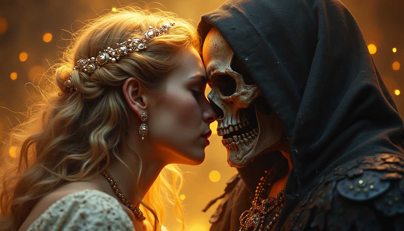 the goddess of light kissing the forehead of a dark necromancer