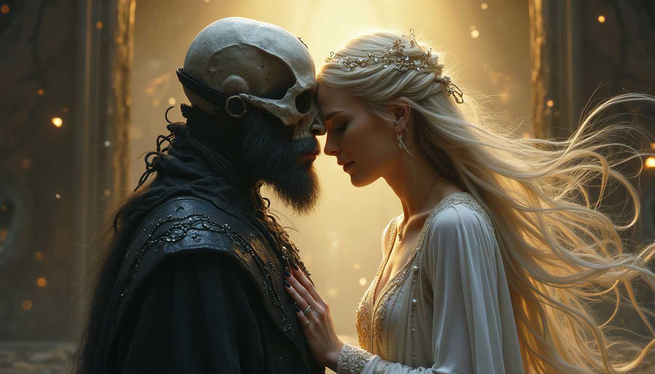 the goddess of light kissing the forehead of a dark necromancer