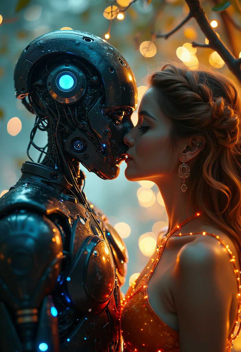 futuristic lovers kissing against an cybernetic tree, glorious, elite, ultra detailed, beauty shot, bioluminescent lighting, 8k