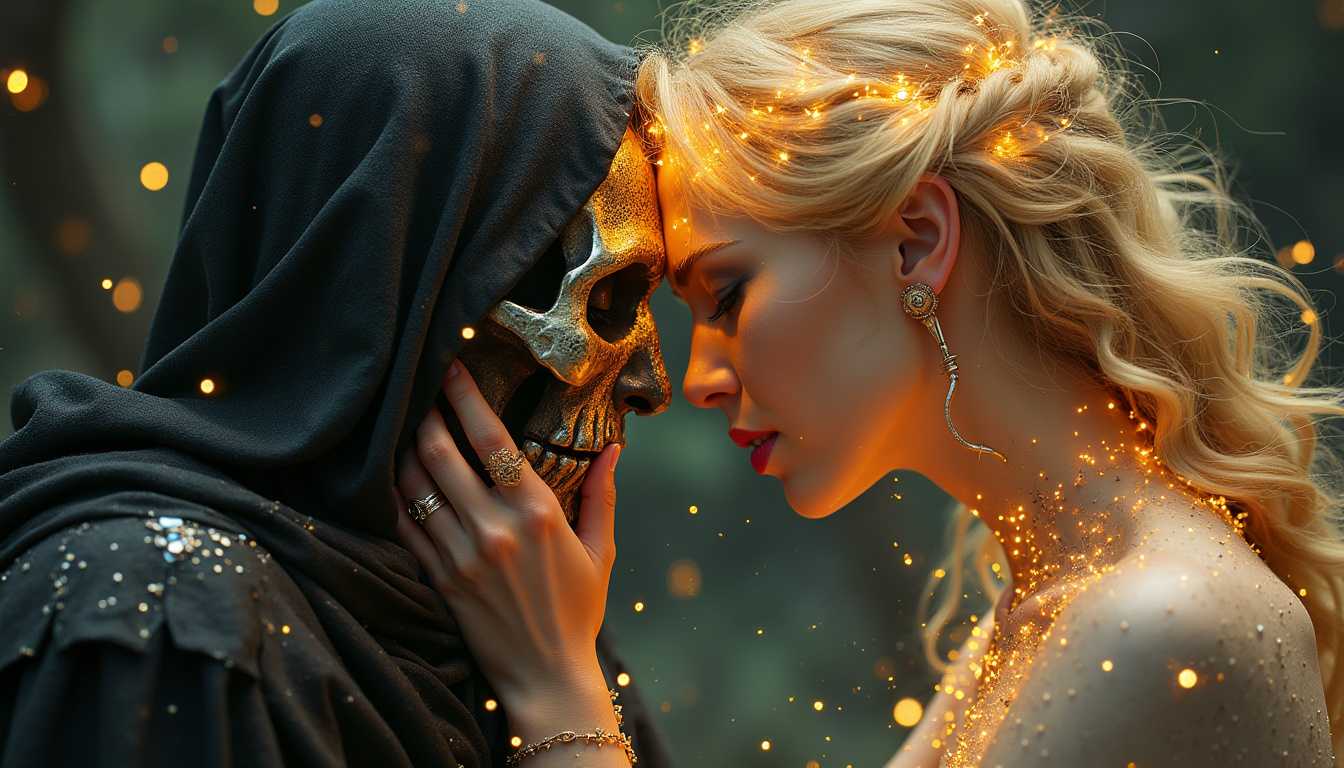 the goddess of light kissing the forehead of a dark necromancer