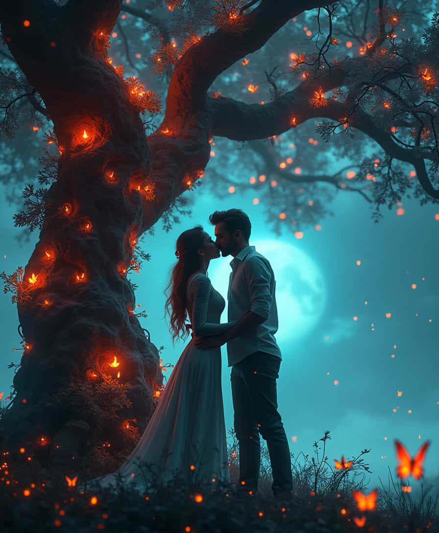 futuristic lovers kissing against an cybernetic tree, glorious, elite, ultra detailed, beauty shot, bioluminescent lighting, 8k