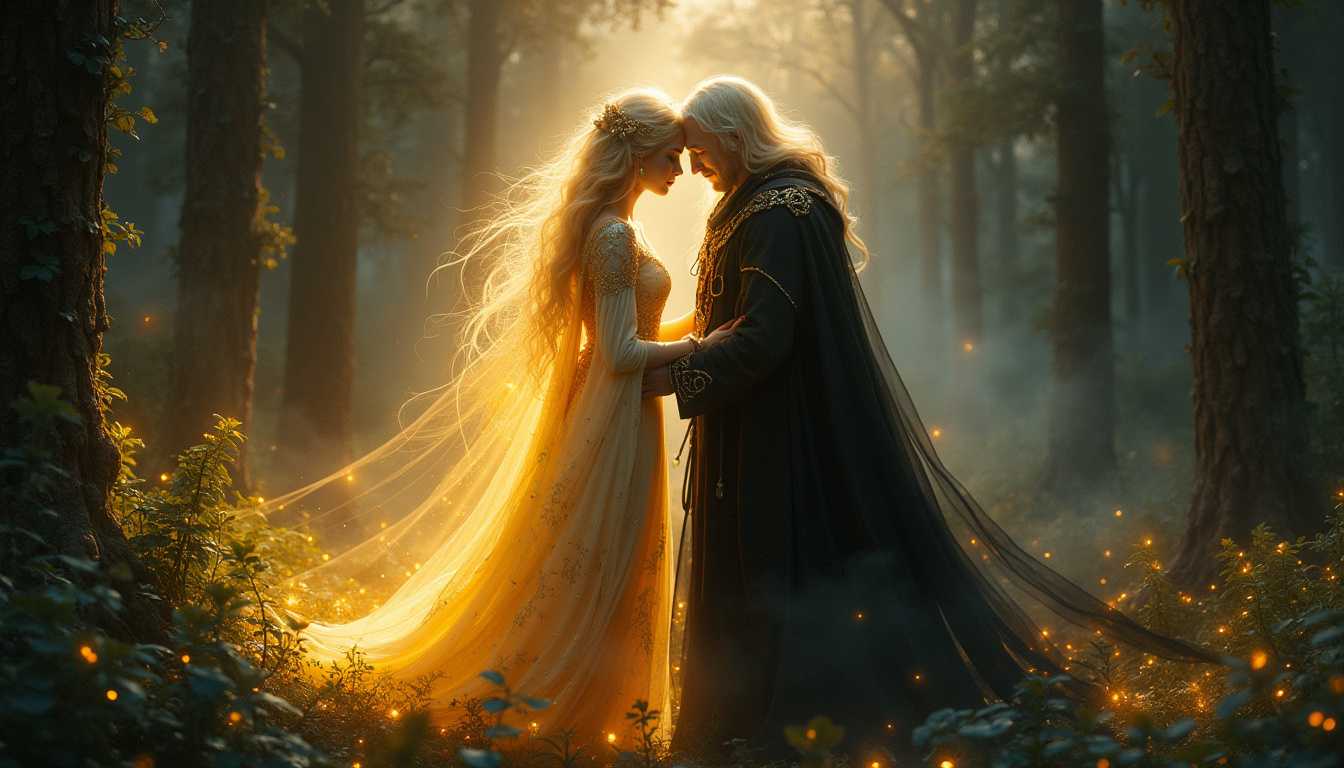 A serene scene illuminated by a radiant, golden light. The Goddess of Light, depicted with flowing, shimmering robes that sparkle with ethereal luminescence, gently kisses the forehead of a dark necromancer. Her hair glistens like strands of sunlight, cascading over her shoulders. The necromancer, cloaked in deep, shadowy robes adorned with intricate, dark runes, contrasts starkly against her pure, celestial glow. His pale face is softened by the tender gesture, eyes closed in a moment of peace. They stand in a dimly lit, mystical forest, where ancient, towering trees create a natural frame around them. The air is thick with fog, and bioluminescent plants add a magical ambiance. The scene is painted in a Baroque style, with dramatic contrasts of light and dark, capturing the emotional intensity and delicate details of the moment. The camera angle is slightly elevated, focusing on the goddess’s gentle action and the juxtaposition of light and darkness, conveying a mood of reconciliation and tranquility.