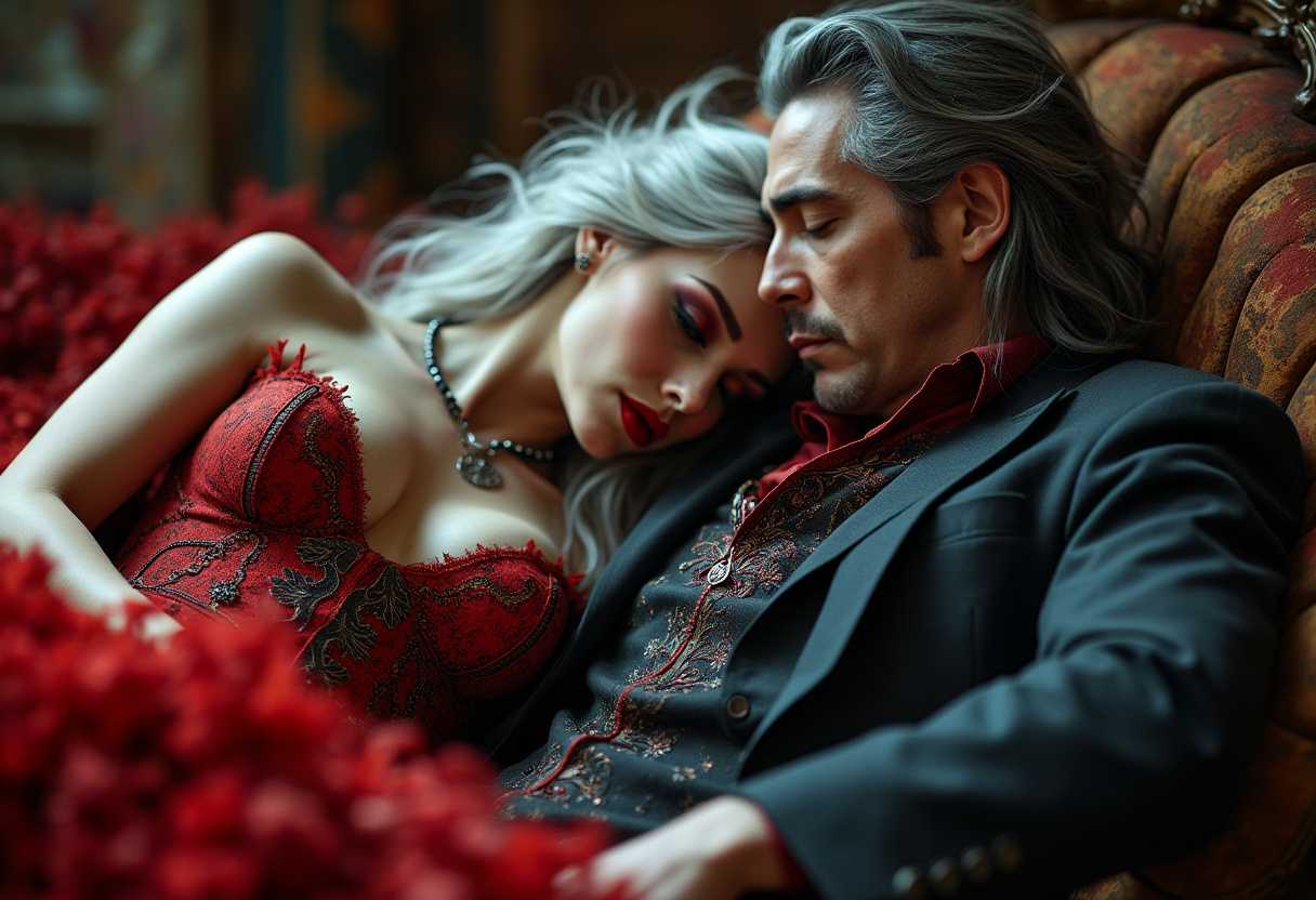 DSLR photograph of a man resting his head on the lap of a stunning female vampire, romantic, caress, crimson, aztec, long silver hair, fine detail, 8k, cinematic