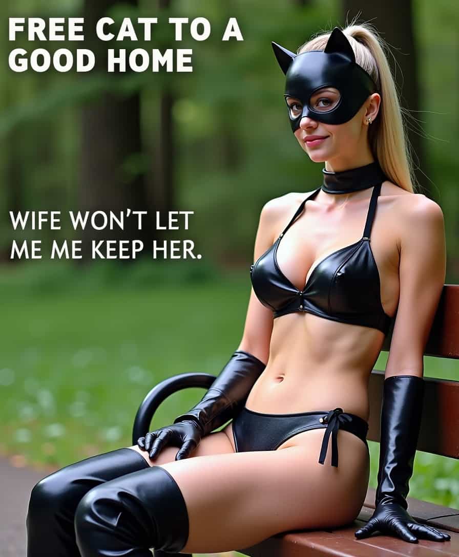 The image depicts a person dressed in a (bikini:2.3) leather black, cat themed costume sitting on a park bench. The costume includes a leather tiny bikini with a low-cut neckline, thigh-high boots, and a mask that covers the eyes. The person's hair is styled in a ponytail, and they are wearing gloves that match the costume. The setting appears to be outdoors, with greenery and trees in the background, suggesting a park or forested area. The text on the image reads FREE CAT TO A GOOD HOME at the top and WIFE WONT LET ME KEEP HER at the bottom, implying a humorous situation where the person is giving away their cat, which is personified by the costume, due to their spouse not allowing them to keep it. The overall tone of the image is playful and satirical.