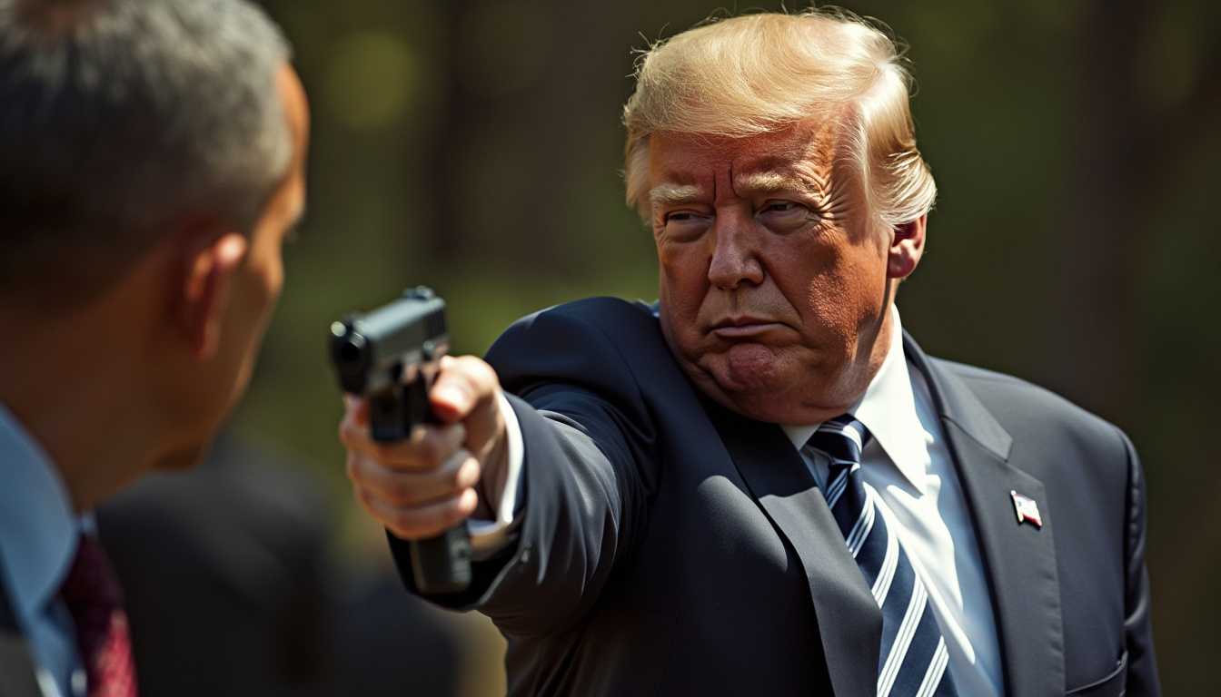Donald trump aiming a gun at Barack Obama
