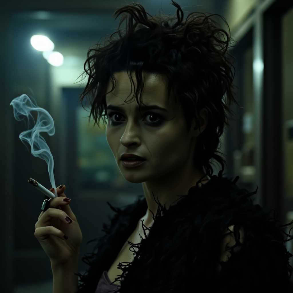 a photo of MRLA, , Portrait of Marla Singer from Fight Club, captured in a cinematic, noir-inspired style. She is holding a cigarette, with tendrils of smoke curling gracefully around her. Marla stands against a dimly lit, gritty urban backdrop, evoking a sense of raw intensity and rebellion. Her dark, disheveled hair frames her sharp features, accentuating her enigmatic gaze. The lighting is soft yet dramatic, casting deep shadows and highlights on her face, creating a moody and tense atmosphere. The colors are muted and monochromatic, with a focus on stark contrasts to enhance the drama of the scene. The camera angle is slightly low and off-center, giving the composition a dynamic, unsettled feel. The overall vibe of the image is dark, edgy, and mysterious, capturing the essence of Marla Singer's character.
