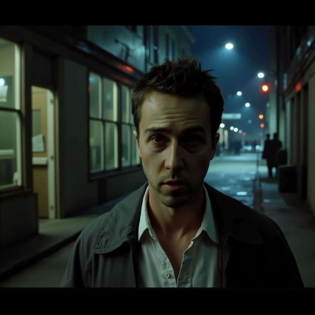a photo of JCK, , Detailed portrayal of Jack from *Fight Club* narrating his life, in a gritty, neo-noir cinematic style, mid 90s urban setting. **Jack** stands in the foreground, his gaunt, sallow face illuminated by the harsh, flickering light of a broken street lamp. **Weariness and disillusionment** are etched deeply into his features. Dressed in a rumpled white shirt, loose tie, and a worn-out blazer, he embodies the exhaustion of corporate grind. **Background**: A dark, rain-soaked alleyway, with dimly lit windows of desolate apartment buildings casting elongated shadows. The rain slicks the pavement, reflecting the flickering neon signs of nearby dives and rundown shops. **Camera angle**: Low-angle shot emphasizing his somber expression and the oppressive environment. **Mood and atmosphere**: Pervasive gloom and foreboding, accented by the muted, cold color palette. **Composition**: Center focus on Jack, framed by the urban decay that symbolizes his inner turmoil. **Technical aspects**: Utilizing chiaroscuro lighting to emphasize the stark contrasts of the scene, gritty film grain texture to enhance the neo-noir feel, shallow depth of field to keep the focus sharp on Jack while blurring