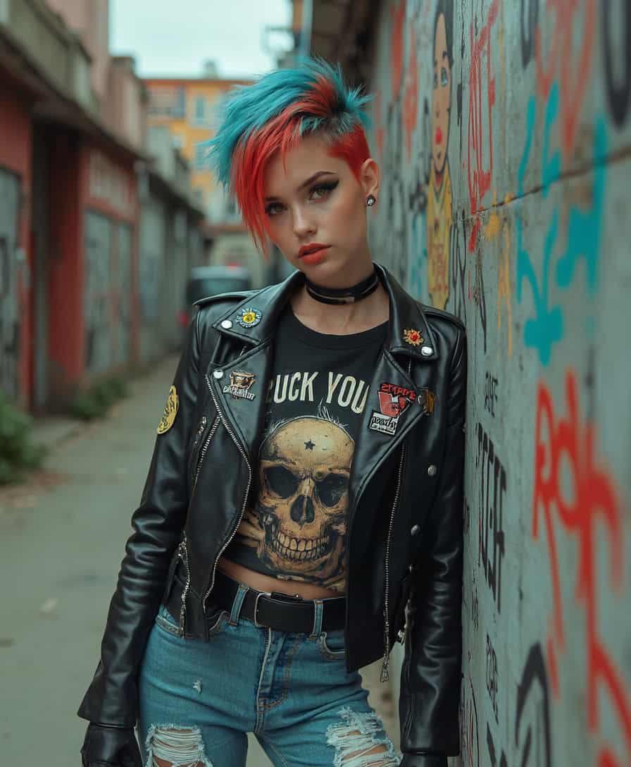 The image captures a vibrant, urban scene reminiscent of the late 1980s punk rock era. The girl, the central figure, embodies the quintessential punk rock aesthetic. She has a striking appearance with short, choppy, dyed hair in a bold color like electric blue or fiery red. Her makeup is edgy, featuring dark eyeliner and bold lipstick. She wears a black leather jacket adorned with various band patches and pins, over a graphic t-shirt with a rebellious slogan. Her jeans are ripped and worn, paired with combat boots that have seen many adventures. She stands confidently on a gritty city street, with graffiti-covered walls and posters of punk bands in the background. The lighting is natural, with a slight overcast, giving the scene a raw and authentic feel. The composition is dynamic, capturing her in a mid-action pose, perhaps walking or leaning against a wall, exuding an air of defiance and carefree spirit. The camera angle is slightly low, emphasizing her strong presence and the urban environment around her.